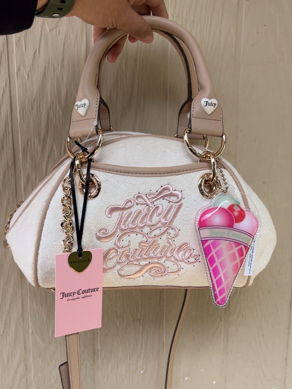 Juicy Couture Cream & Blush Embroidered Satchel with Ice Cream Charm